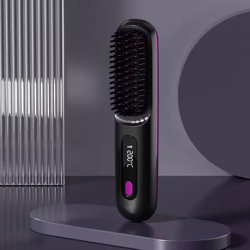 Hair Straightener Brush with LCD Display Cordless USB Charging Straightener Portable Mini Straightening Brush for Home Travel
